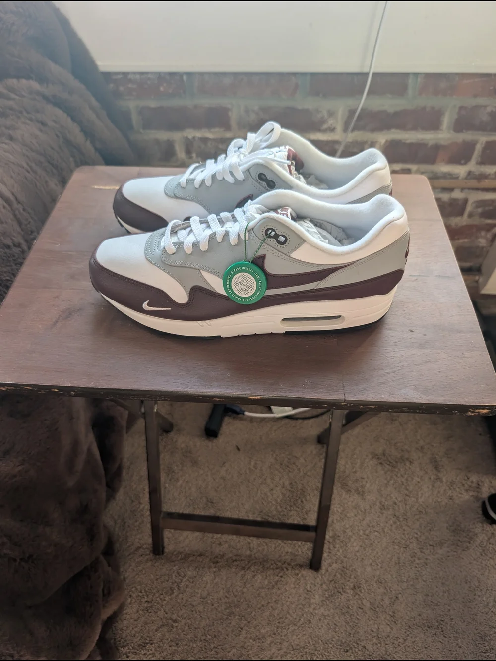 Nike Air Max 1 Sneakers in White, Gray, and Maroon
